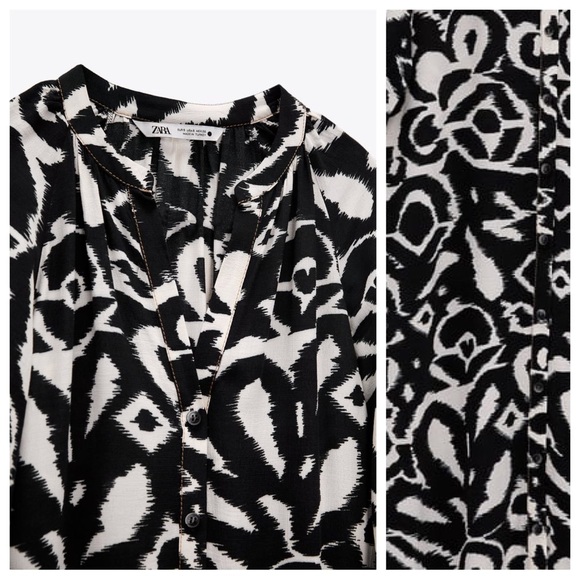 NWOT Zara Navy Blue/White Printed Midi Dress with Decorative Stitch. Size S. - Picture 5 of 10